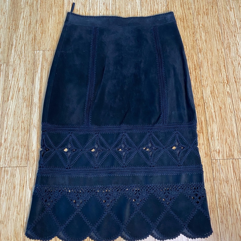 Black Midi Suede Leather Pencil Skirt with Embroidered Details